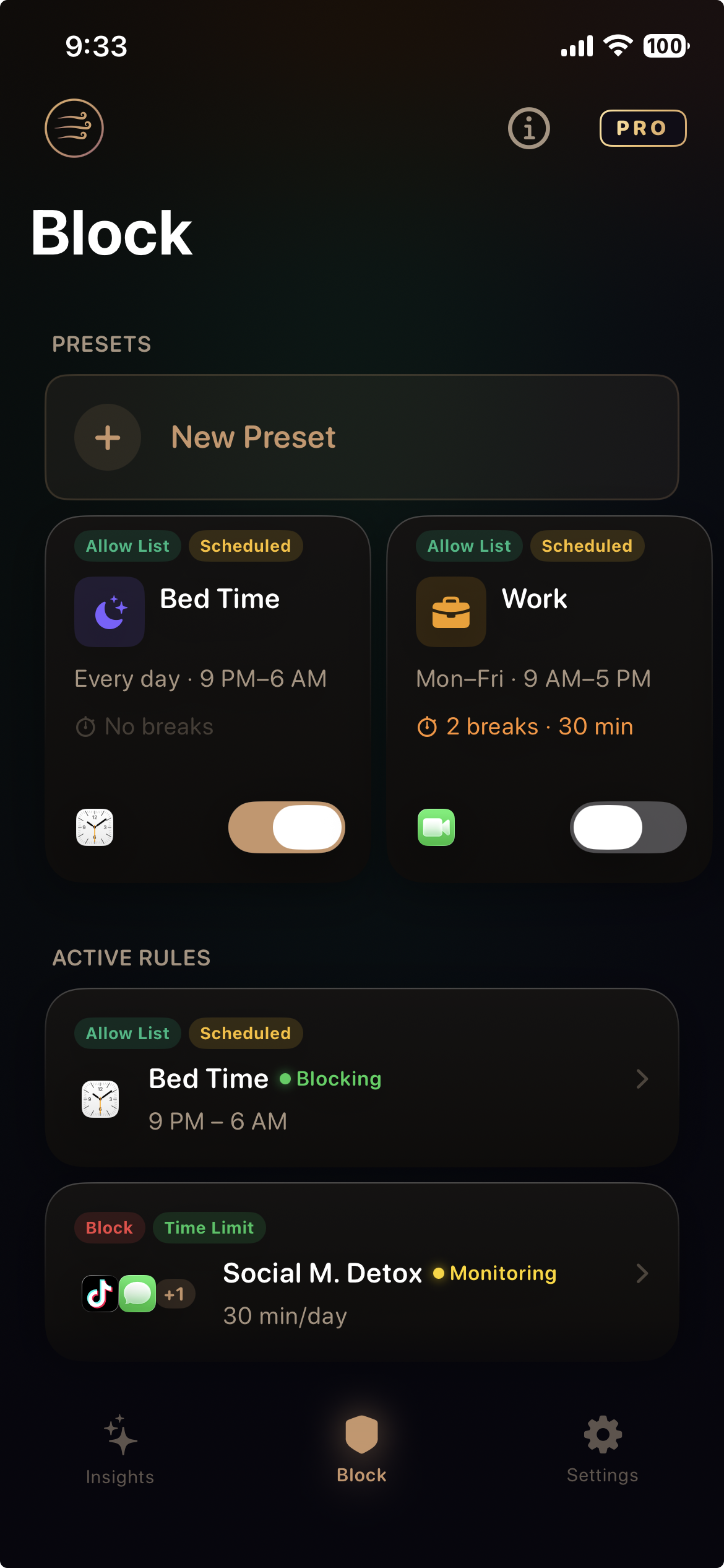The Kazeway Block tab, showing saved presets and the rules currently enforcing.