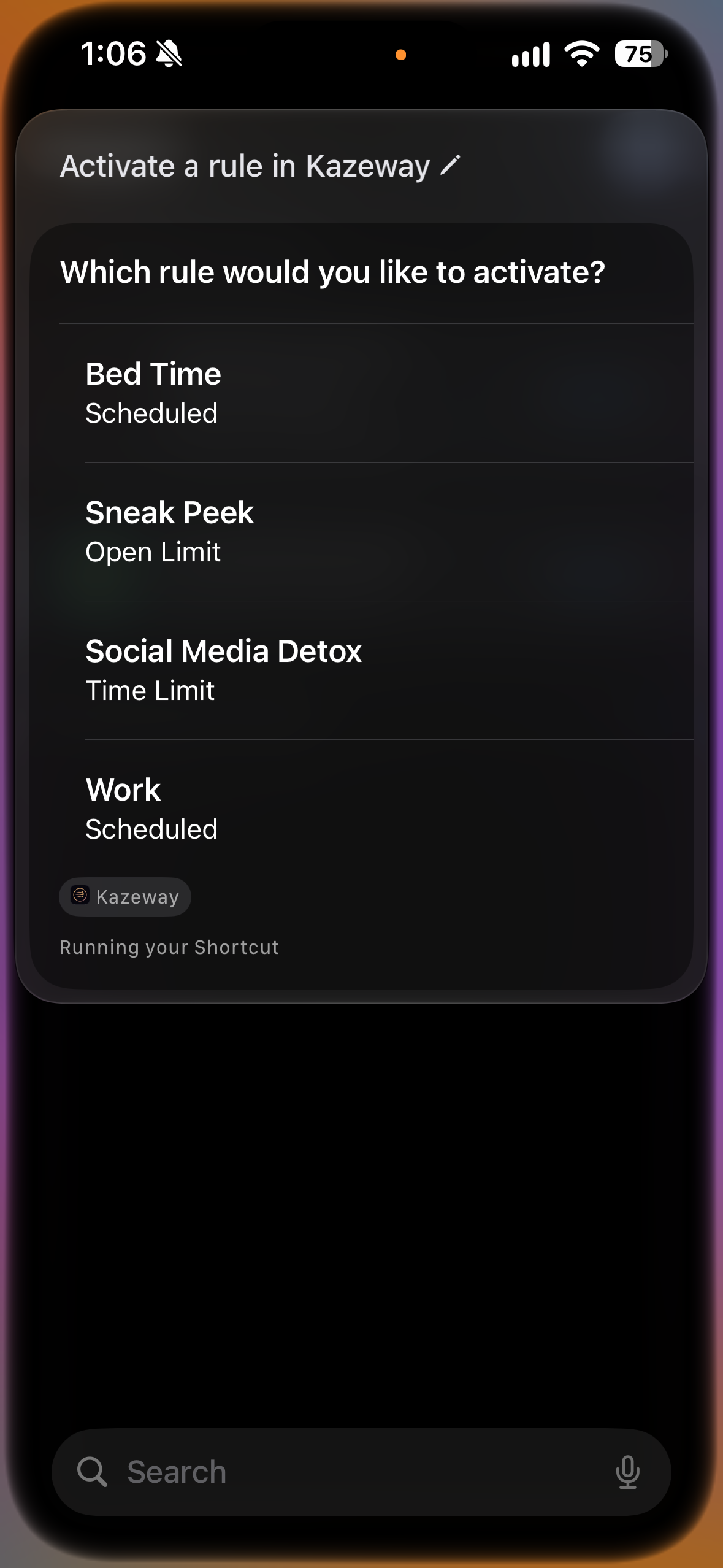 Siri asking which Kazeway rule to activate, listing Bed Time, Sneak Peek, Social Media Detox and Work with their types.